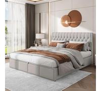 KOMHTOM Coffre 160 x 200CM Double Rembourré Hydraulique avec Rangement, Cadre de Lit, Sommier à Lattes en Bois, Gris Clair (Sans Matelas)