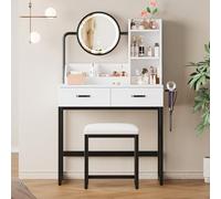 KOMHTOM Coiffeuse Bois avec Miroir LED, 2 Tiroirs, 2 Ports USB, Chaise Confortable et Pieds en Métal - Meuble Coiffeuse Moderne pour Vestiaire et Chambre à Coucher (Noir et Blanc)