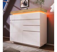 KOMHTOM Commode avec 2 Portes et 3 tiroirs, Meubles de Rangement Armoire avec éclairage LED, pour Chambre à Coucher et Salon, Blanc (M)