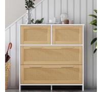 KOMHTOM Commode en rotin Meuble de rangement avec 4 tiroirs, buffet Commode chambre pour salon salle à manger couloir (A, Bois et blanc)