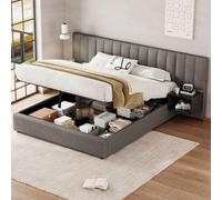 KOMHTOM Double Rembourré avec 2 Tables de Nuit et Espace de Rangement, Lit Coffre avec Tete de Lit, Sommier à Lattes en Bois (sans Matelas) (160 x 200cm)