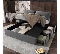 KOMHTOM Double Rembourré Lit Coffre avec 3 Tiroirs de Rangement et Tête de Lit,Cadre de lit Plateforme, Sommier à Lattes en Bois, Moderne(sans Matelas) (Gris, 160x200cm)