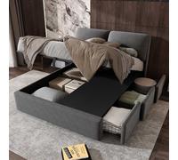 KOMHTOM Double Rembourré Lit Coffre avec 3 Tiroirs de Rangement et Tête de Lit,Cadre de lit Plateforme, Sommier à Lattes en Bois, Moderne(sans Matelas) (Gris, 140x200cm)