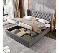 KOMHTOM Double Rembourré Lit Coffre avec Rangement sous lit et Tête, Cadre de Lit avec Sommier à Lattes, Gris(sans Matelas) (140x200CM)