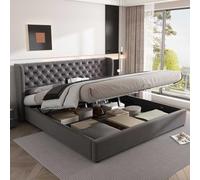 KOMHTOM Double Rembourré Lit Coffre avec Rangement sous lit et Tête, Cadre de lit avec Sommier à Lattes, Gris(sans Matelas) (160x200CM)