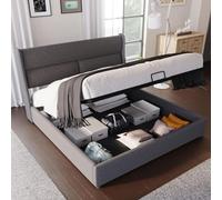 KOMHTOM Double Rembourré Plateforme avec Rangement, Lit Coffre avec Appuie-tête Réglable, Sommier à Lattes en Bois (sans Matelas) (160x200CM)