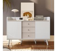 KOMHTOM Élégante commode armoire, deux portes coulissantes trois tiroirs, polyvalente pour salon, chambre à coucher, entrée, salle à manger (blanc)