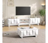 KOMHTOM Ensemble Meuble TV Table Basse,Meuble Salon Blanc 3D Relief Losange | PB,socle carré,meuble tv 4 portes charnières 2 niches,table basse 3 portes 2 bacs,pour salon moderne