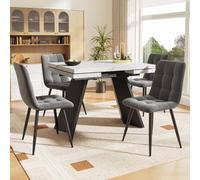 KOMHTOM Ensemble Table et 4 Chaises Salle à Manger, Table Rectangulaire Extensible 99-159 cm, Plateau Effet Marbre, Chaises en Velours, pour Salon, Salle à Manger (Blanc, A)