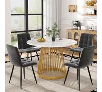 KOMHTOM Ensemble Table et 4 Chaises Salle à Manger, Table Ronde 80 cm, Plateau Effet Marbre, Chaises en Velours Gris, Pieds Réglables, pour Salon, Salle à Manger (Blanc, A)