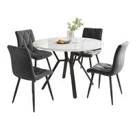 KOMHTOM Ensemble Table et 4 Chaises Salle à Manger - Table Ronde avec Plateau en MDF Structuré Marbre et Pieds Métal, Chaises en Velours pour Salon, Dîner Moderne (Noir+Gris)