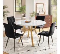 KOMHTOM Ensemble Table et 4 Chaises Salle à Manger - Table Ronde avec Plateau en MDF Structuré Marbre et Pieds Métal, Chaises en Velours pour Salon, Dîner Moderne (Or+Noir)