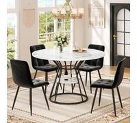 KOMHTOM Ensemble Table et Chaises à Manger, Table Ronde 100cm Effet Marbre avec Étagère Inférieure, 4 Chaises en Velours Noir, Pieds Métal, pour Salle à Manger, Cuisine, Salon (Noir+MDF)