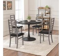 KOMHTOM Ensemble Table Salle à Manger avec 4 Chaises Design, Chaise Confortable en PU, Table Circulaire Robuste avec Plateau en Bois (Gris-Noir)