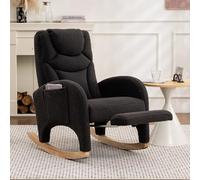 KOMHTOM Fauteuil à Bascule avec Repose-Pieds Escamotable, Fauteuil de Salon avec Structure en Bois et Poche de Rangement Latérale, Tissu Peluche Teddy (Gris Foncé)
