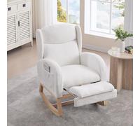 KOMHTOM Fauteuil à Bascule avec Repose-Pieds Escamotable, Rocking Chair avec Structure en Bois, Fauteuil Lounge, Poche de Rangement Latérale (Blanc)
