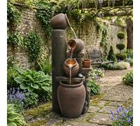 KOMHTOM Fontaine de Jardin, Cascade Exterieur avec LED, 5 Niveaux Pichets Rustiques, Aspect Pierre Naturelle en Resine, Pompe a Eau Incluse, pour Terrasse Balcon Cour