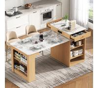 KOMHTOM Îlot Central Cuisine 80-151cm Table Modulable Prises USB Meuble Rangement Repas Studio MDF Naturel Marbre (151cm Modulable - Naturel & Marbre)