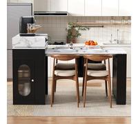KOMHTOM Îlot Central Cuisine 83-146cm Table Escamotable Gain De Place Prises roulettes Studio Appartement MDF Noir Marbre(146cm Compact - Noir & Marbre)