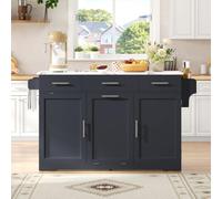 KOMHTOM Îlot Central Cuisine avec Meuble Poubelle et Prises, Gris, 136cm | Bac à ordures basculant caché, connectique 2 AC et 2 USB, plan rabattable 75 cm, 3 tiroirs et roulettes masquées.