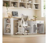 KOMHTOM Îlot Central de Cuisine Rotatif 360° en MDF - Bar avec Rangement | Plateau orientable 0°-180°, portes en verre trempé, tiroir et étagères latérales 3 niveaux pour cuisine ou bureau.