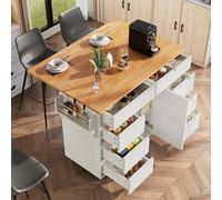KOMHTOM ilot de Cuisine, ilot Central Cuisine, Chariot de Salle à Manger, Porte-Serviettes Latéral, Séparateurs Réglables, Plateau de Table Pliable, 2 Tiroirs, 4 Portes (Blanc-7)