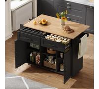 KOMHTOM ilot de Cuisine Moderne, Armoire de Cuisine, Chariot de Salle à Manger, Plateau de Table Pliable, 3 tiroirs, 2 Portes, étagère de Rangement et Porte-Serviettes (Noir-10)