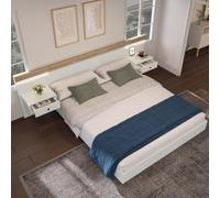 KOMHTOM Lit 2 Personnes avec Sommier à Lattes, Lit en Bois avec 2 Tables de Nuit, Cadre de Lit Plateforme pour Adultes, Adolescents(sans Matelas) (180 x 200cm)