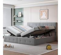 KOMHTOM Lit Coffre 180x200 avec tête de lit relevable et sommier à Lattes, lit Une Place/lit Deux Place Cadre de lit avec Rangement (2, Gris, Matelas Non Inclus)