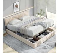 KOMHTOM Lit Coffre avec Tete réglable en Hauteur, Moderne Velours Rembourré Lit avec Rangement sous Cadre de lit, Sommier à Lattes en Bois(sans Matelas) (Beige, 140 x 190CM)