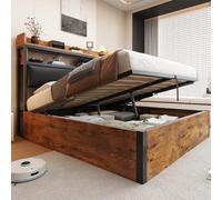 KOMHTOM Lit Coffre Hydraulique, Cadre de lit Plateforme Multifonctionnel, Tête de lit avec Rangement, Port de Charge USB et Type-C, Sommier à Lattes(sans Matelas) (Noir, 140 x 200CM)