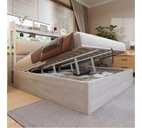 KOMHTOM Lit Coffre Hydraulique, Cadre de lit Plateforme Multifonctionnel, Tête de lit avec Rangement, Port de Charge USB et Type-C, Sommier à Lattes(sans Matelas) (Blanc, 180 x 200CM)