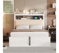 KOMHTOM Lit Coffre Hydraulique, Cadre de lit Plateforme Multifonctionnel, Tête de lit avec Rangement, Port de Charge USB et Type-C, Sommier à Lattes(sans Matelas) (Blanc, 90 x 200CM)