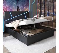 KOMHTOM Lit Coffre Lit LED Rembourré Hydraulique avec Tête de Lit Cadre de Lit Plateforme avec Sommier à Lattes en Bois(sans Matelas) (Noir, 140x200CM)