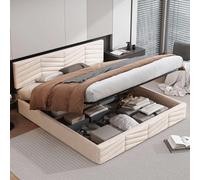 KOMHTOM Lit Coffre rembourré 180x200cm avec Tete réglable en Hauteur, Cadre de lit Rangement sous, Sommier à Lattes en Bois,Velours(sans Matelas) (Beige, 180 x 200CM)