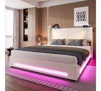 KOMHTOM Lit Coffre Rembourré avec Rangement Hydraulique et Sommier à Lattes,Lit LED Double avec USB/Type-C et Tête Lampe,Cadre de lit Moderne pour Adultes (sans Matelas) (Beige, 200x140cm)