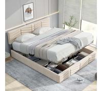 KOMHTOM Lit Coffre rembourré avec Tete réglable en Hauteur, Cadre de Lit Rangement sous, Sommier à Lattes en Bois,Velours(sans Matelas) (Beige, 140 x 200CM)
