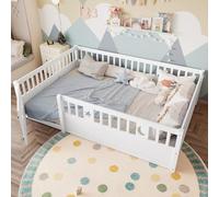 KOMHTOM Lit de Sol en Bois, Cadre de Lit Blanc avec Balustrades Ajourées en Forme d'étoiles et de lunes et Une Porte(sans Matelas) (140 x 190CM-Sans sommier)