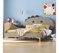 KOMHTOM Lit d'enfant Lit Rembourré Forme de Dinosaure de Dessin animé Lit de Jeune avec Tête de Lit Cadre de Lit Sommier à Lattes en Bois(sans Matelas) (Gris, 140x200cm)