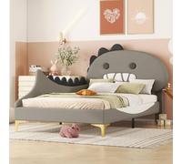 KOMHTOM Lit d'enfant Rembourré Forme de Dinosaure de Dessin animé avec Tête de Lit, Cadre et Sommier à Lattes en Bois (sans Matelas) (Gris, 90x200cm)