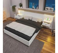 KOMHTOM Lit Double avec 2 Tables de Nuit, Lit Moderne Multifonctionnel en Bois avec Ports de Recharge USB et Type-C et Éclairage LED, Chambre à Coucher Complète(sans Matelas) (Blanc+Chêne 180x200cm)