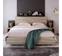 KOMHTOM Lit Double avec 2 Tables de Nuit,Moderne Table de Chevet en Une pièce lit en Bois avecSommier à Lattes, Cadre de Lit Plateforme pour Adultes, Adolescents(sans Matelas) (160 x 200cm)