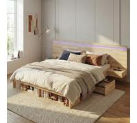 KOMHTOM Lit Double en Bois avec 2 Tables de Nuit, Lit Moderne avec Recharge USB et Type-C, éclairage LED, 2 Tiroirs, Espaces de Rangement Ouverts(sans Matelas) (Naturel 180×200cm)