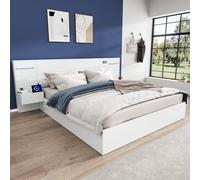 KOMHTOM Lit Double en Bois avec Horloge électronique, Lit Moderne Multifonctionnel avec 2 Tables de Chevet, Port USB, Haut-Parleur Bluetooth, Bande Lumineuse Colorée(sans Matelas) (160×200cm Blanc)