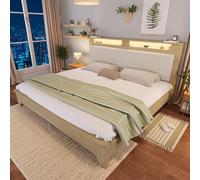 KOMHTOM Lit Double en Bois, Cadre de lit Plateforme Multifonctionnel, Éclairage LED, Tête de lit équipée d'un Dossier Rembourré en Velours Côtelé Beige(sans Matelas) (140 x 200CM)