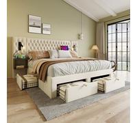 KOMHTOM Lit Double Rembourré avec 2 Tables de Nuit et 4 Tiroirs, Cadre de lit Plateform avec Sommier à Lattes en Bois, Ensemble Lit Chambre à Coucher Complet(sans Matelas) (Beige-A, 160×200cm)