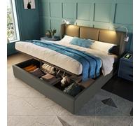 KOMHTOM Lit Double Rembourré Lit Coffre avec Lampe Cadre de Lit Plateform avec Sommier à Lattes en Bois Modernité Chambres à Coucher(sans Matelas) (Gris foncé-PU, 140x200CM)