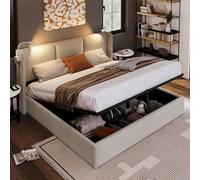 KOMHTOM Lit Double Rembourré Lit Coffre avec Lampe Cadre de Lit Plateform avec Sommier à Lattes en Bois Modernité Chambres à Coucher(sans Matelas) (Beige-Linen, 140x200CM)