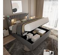 KOMHTOM Lit Double Rembourré Lit Coffre avec Lampe Cadre de Lit Plateform avec Sommier à Lattes en Bois Modernité Chambres à Coucher(sans Matelas) (Gris, 160x200CM)