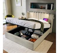KOMHTOM Lit Double Rembourré Lit Coffre avec Lampe Cadre de Lit Plateform avec Sommier à Lattes en Bois Modernité Chambres à Coucher(sans Matelas) (Beige-1, 160x200CM)